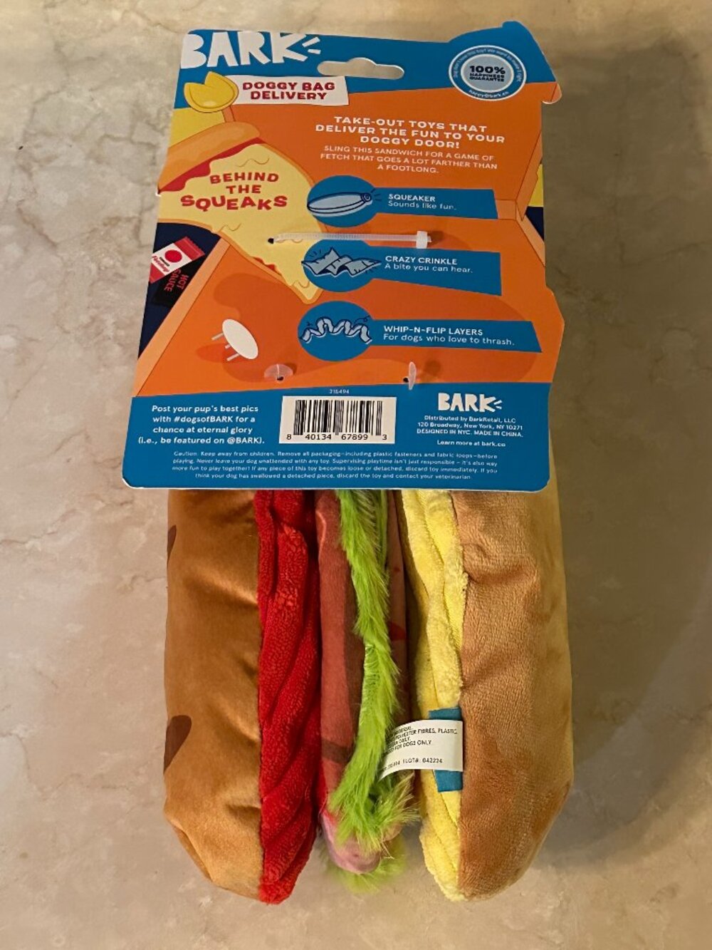 NWT Plush sandwich Dog Toy